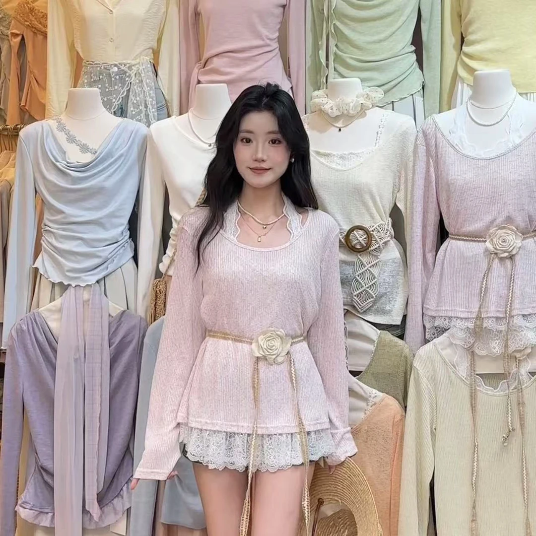 蕾丝拼接挂脖T恤上衣女2025春季新款设计感慵懒风小衫配腰带宽松