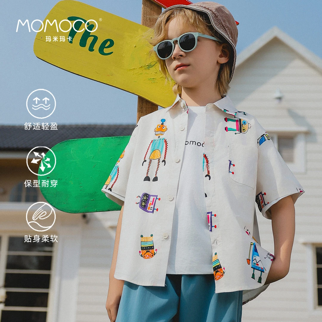 MOMOCO夏季款男童满印卡通机器人洋气休闲百搭衬衫77280129001
