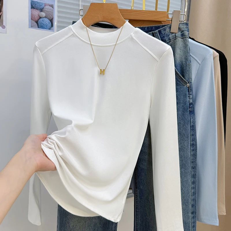 秋冬小立领打底衫女2025新款修身纯色内搭长袖T恤百搭显瘦上衣潮