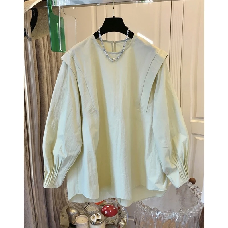 高级感慵懒风气质褶皱圆领衬衫宽松百搭大版上衣女装2025早春新款