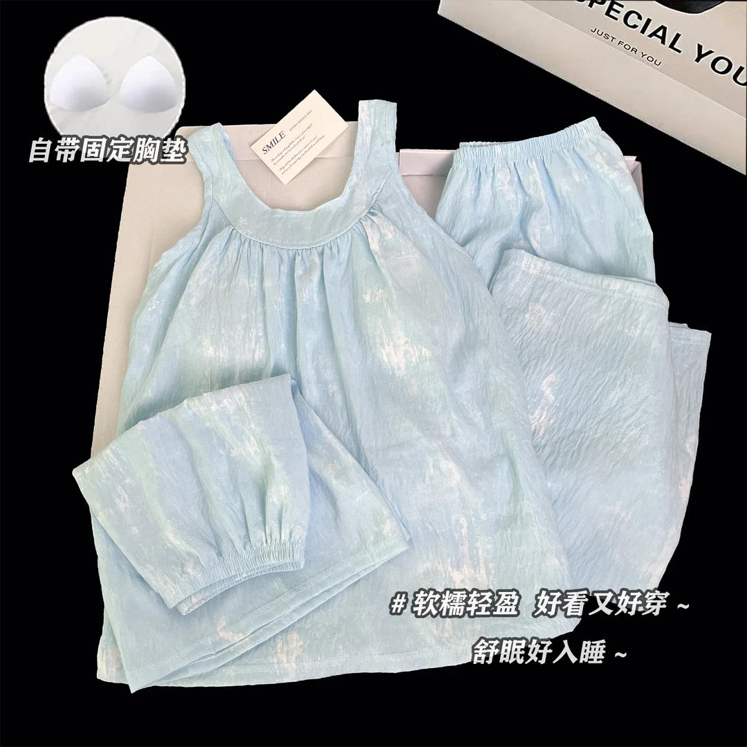 睡衣女夏季吊带短袖长裤三件套带胸垫宽松少女夏天薄款家居服外穿