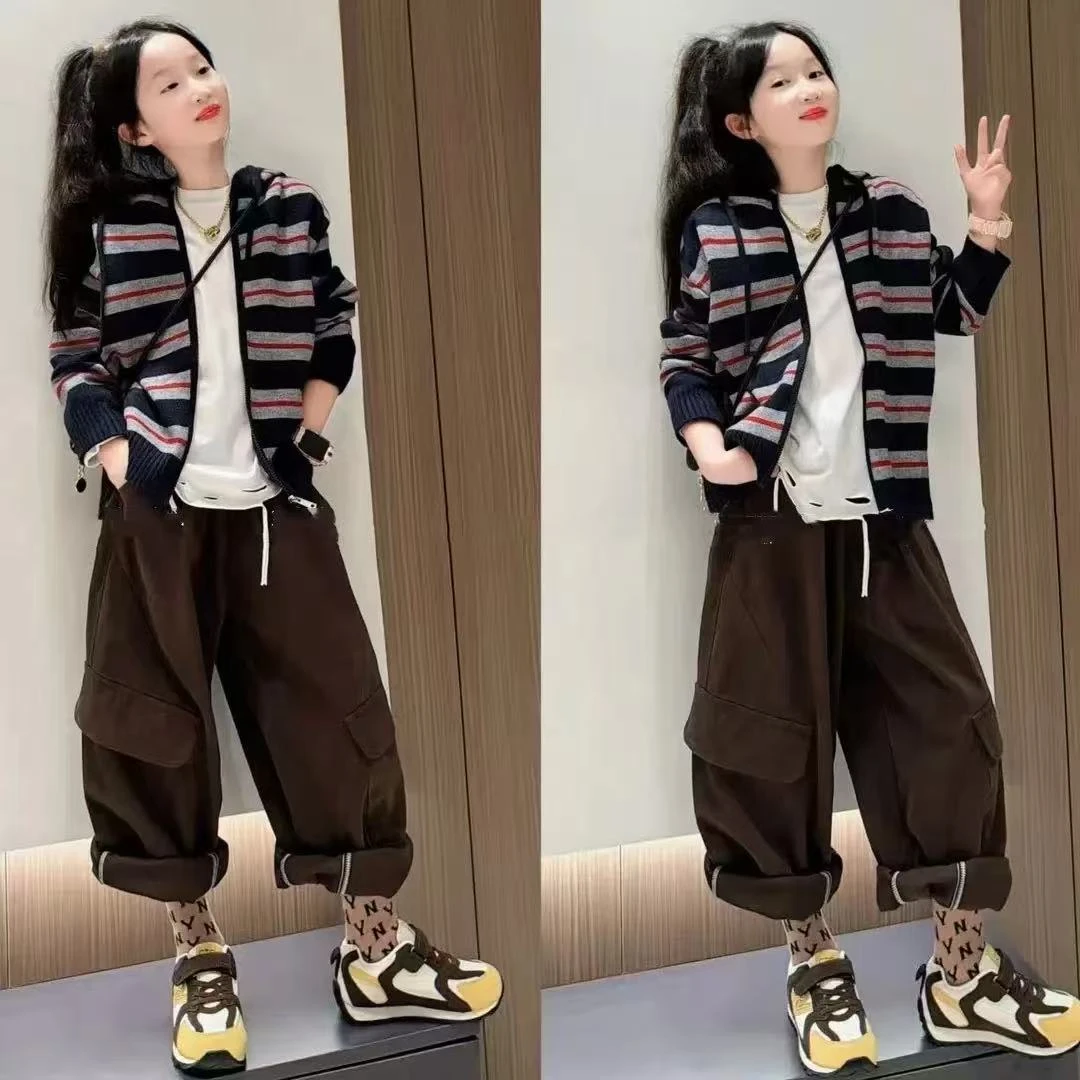 女童春秋套装2025新款针织毛衣开衫外套牛仔裤中大儿童洋气两件套