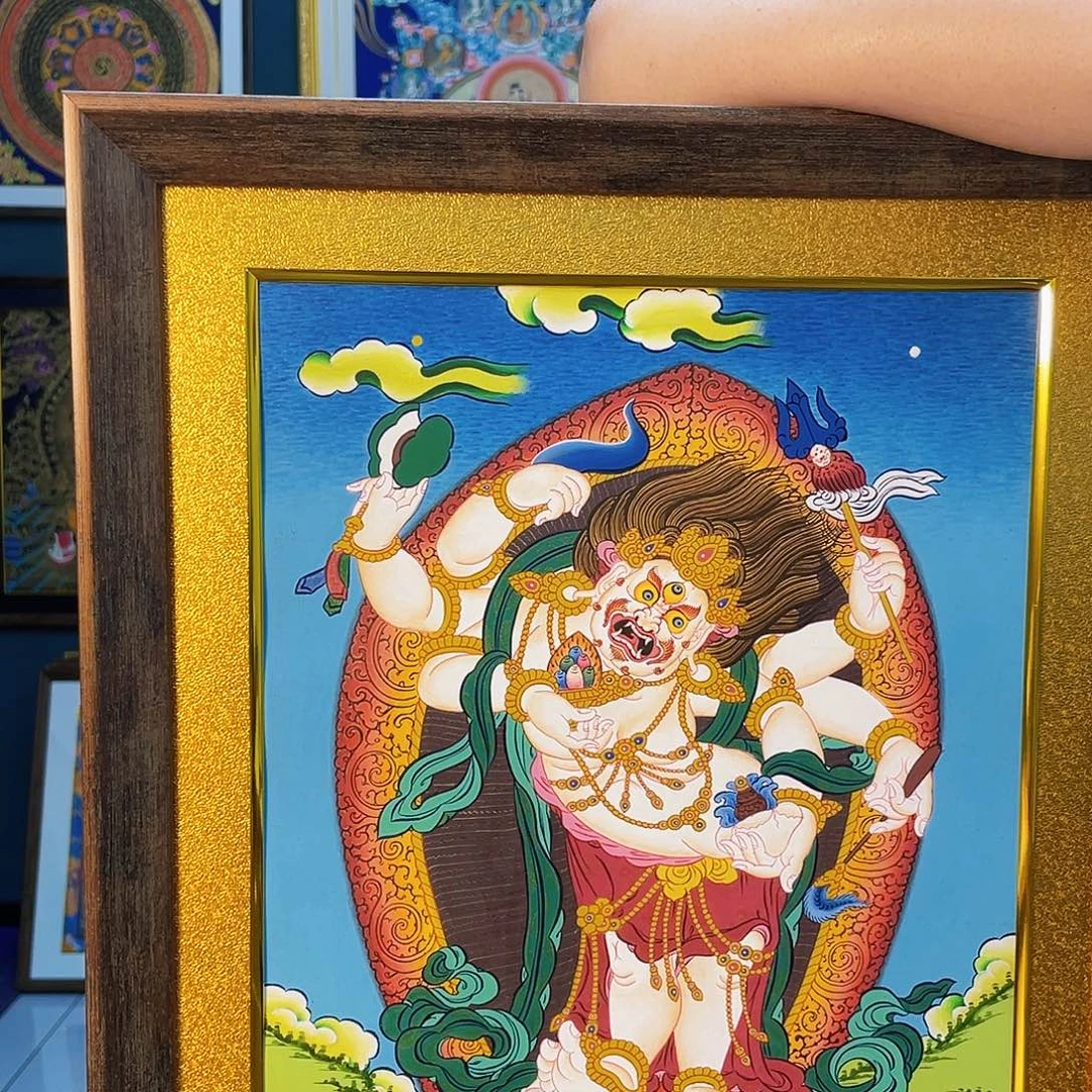 @***貝卷轴画手绘唐卡 白六臂带框45*35厘米