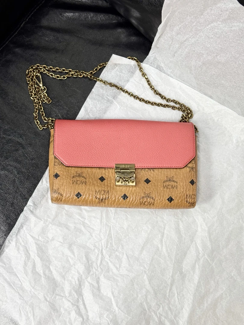 95新 MCM mcm 拼色链条斜挎包