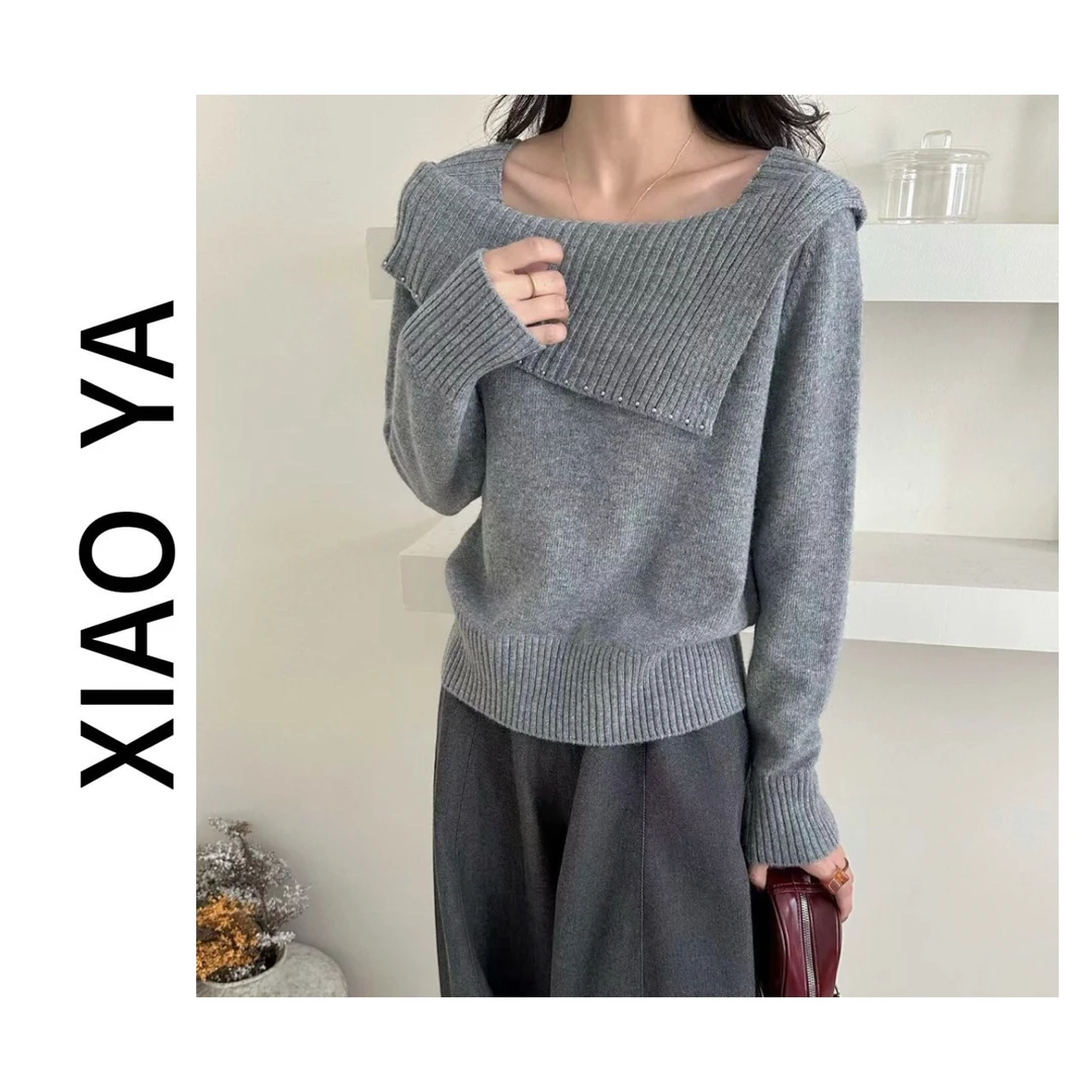 1851秋季新款韩系休闲大翻领珍珠款一字肩显瘦针织上衣