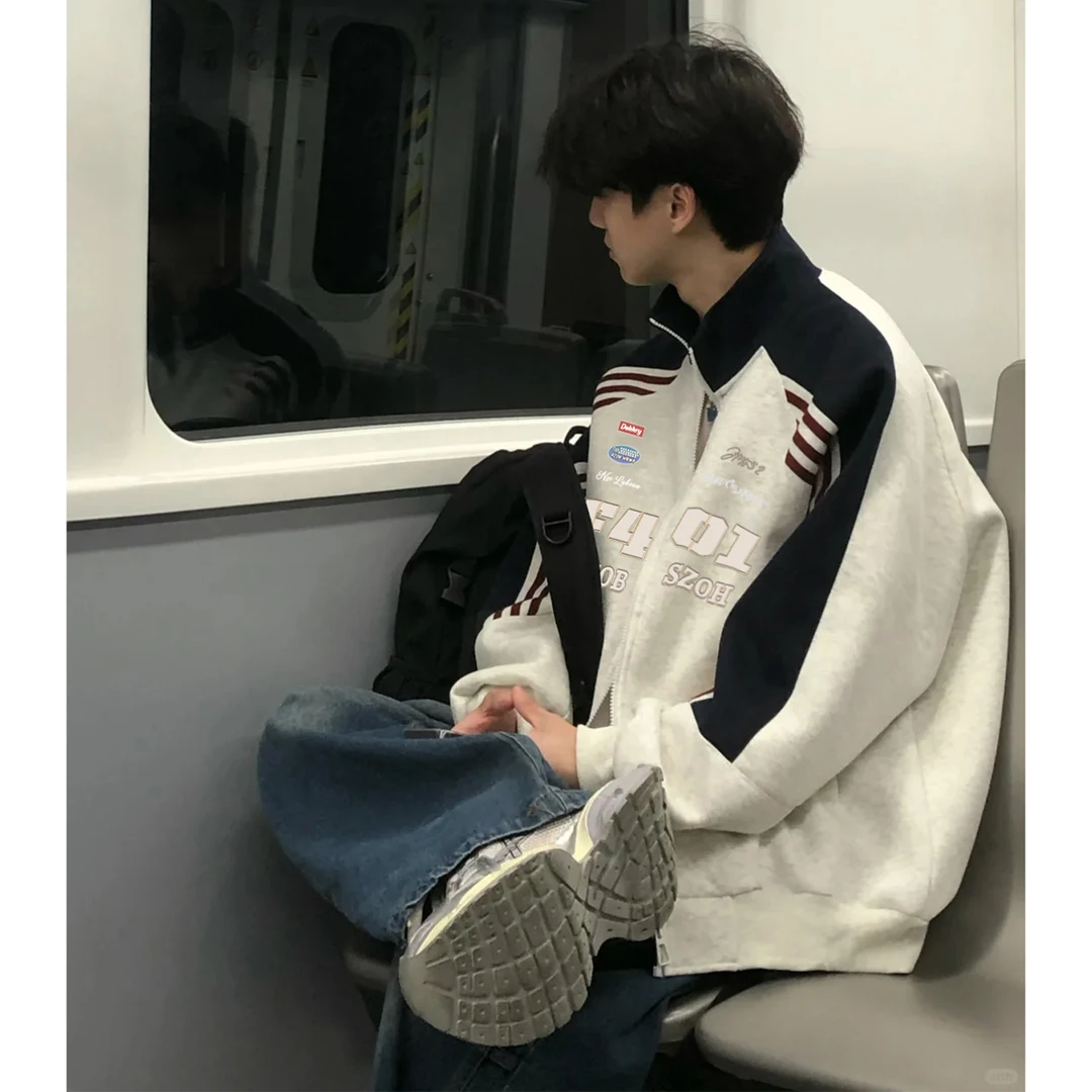 美式设计感字母印花立领拼接三条杠开衫外套男女秋冬季休闲卫衣潮