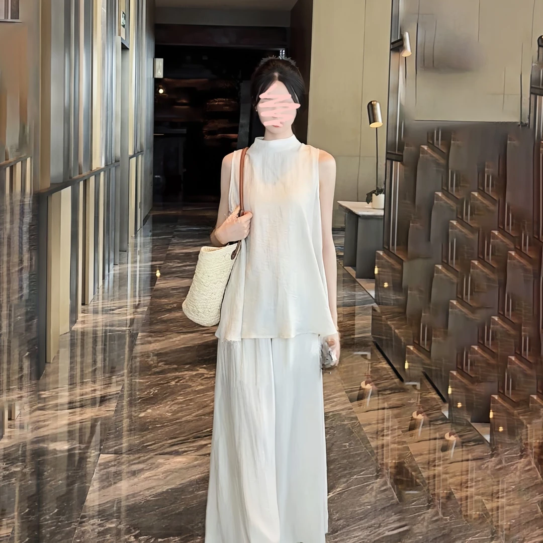 2025夏季新款禅意风半高领无袖后开叉上衣加高腰裤裙套装老钱风