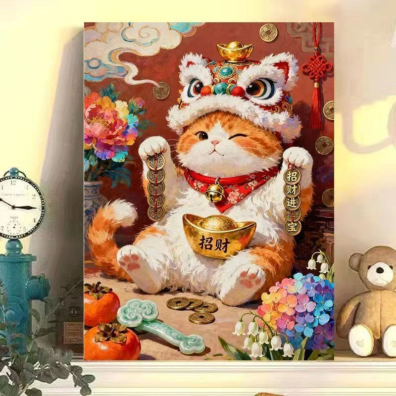 diy数字油画招财猫系列手工填充填色油画解压治愈系装饰挂画