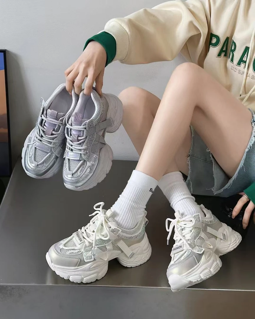 厚底网面透气韩版老爹鞋女2025春季新款百搭增高舒适运动休闲女鞋