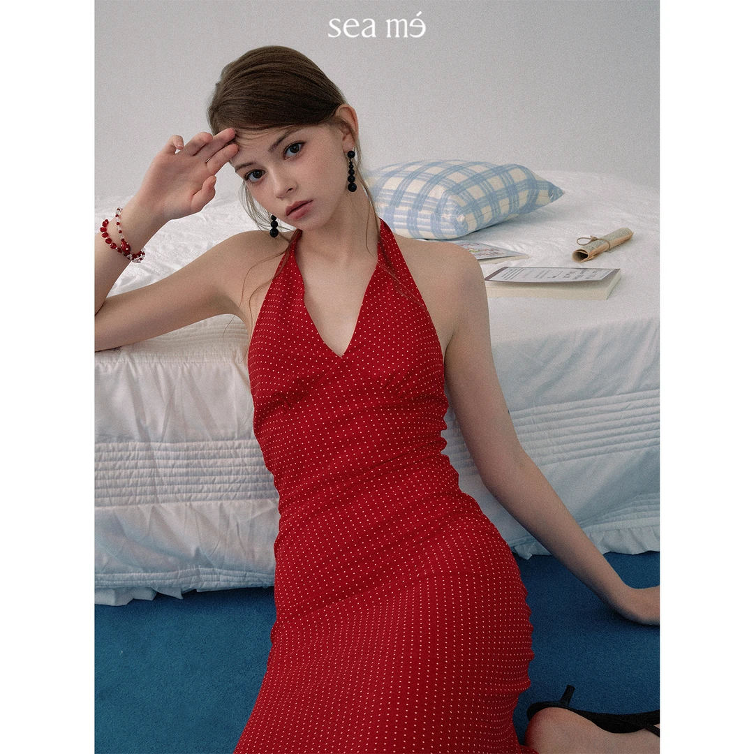 Seame汐觅【一口红丝绒】法式优雅波点挂脖连衣裙显瘦气质性感夏季