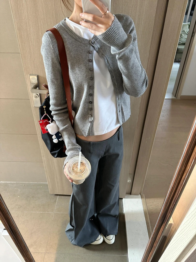 灰色短款针织开衫女早秋装圆领外搭初秋韩系穿搭长袖chic上衣外套