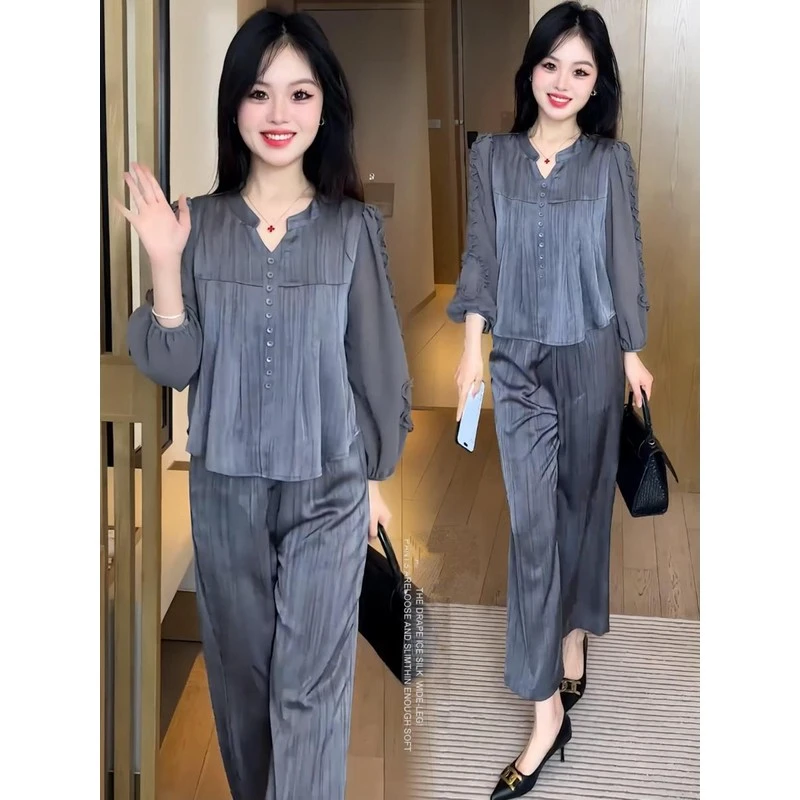 TOUCHMISS气质轻奢休闲套装女秋季洋气减龄长袖上衣阔腿裤两件套