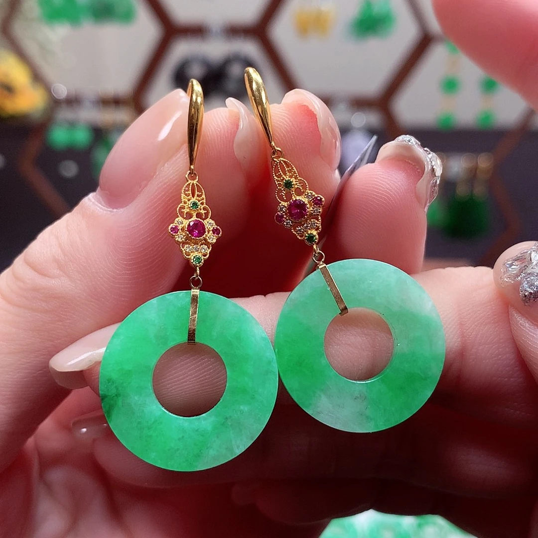 翡翠耳饰18K金镶嵌天然翡翠