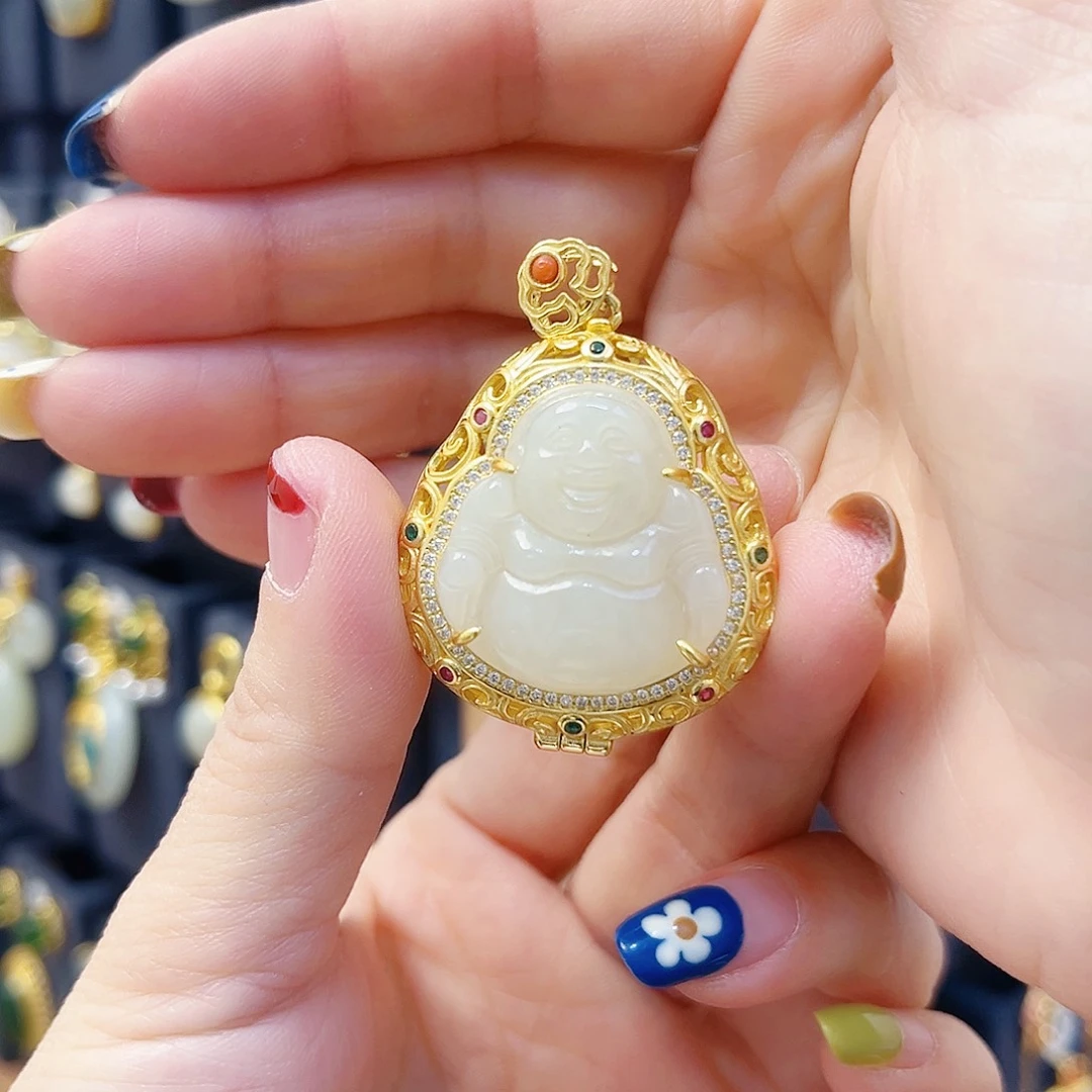 和田玉银S925镀金镶嵌项链