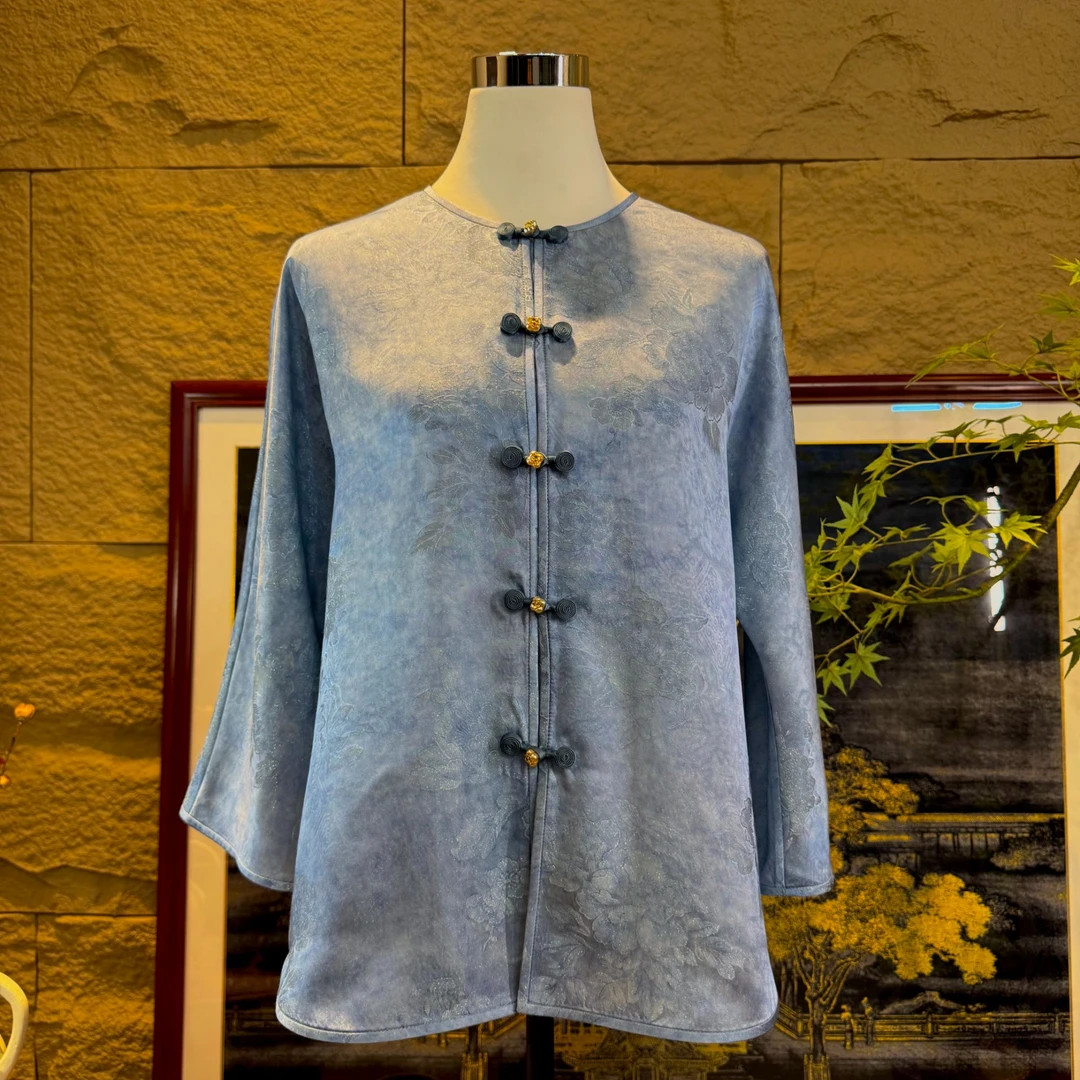 【素缣】新中式桑蚕丝织金宽松夏季薄款提花上衣250442