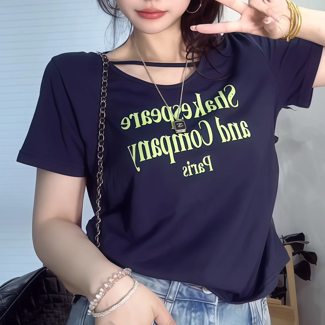 欧韩夏季新款时尚镂空V领字母印花短袖T恤女宽松显瘦百搭半袖上衣