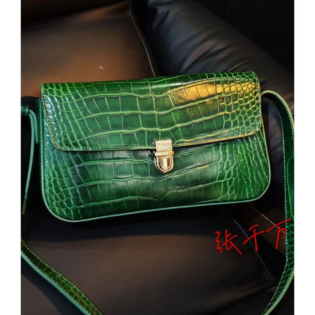 ZZFY2K青草色小众绿色鳄鱼纹小方包单肩百搭轻奢斜跨时尚气质肩包