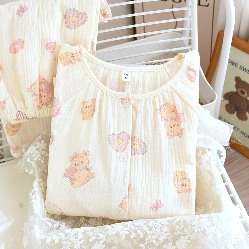 2025新款甜美纱布睡衣女春夏A类纯棉长袖圆领宽松棉质家居服套装