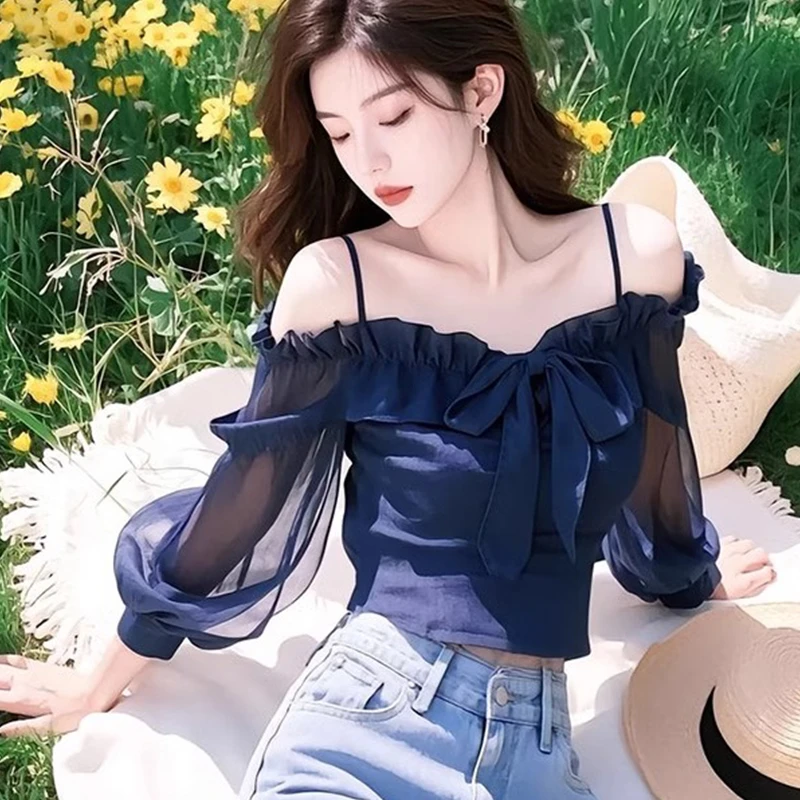 法式绝美气质衬衫女2025春季新款蝴蝶结露肩设计感短上衣