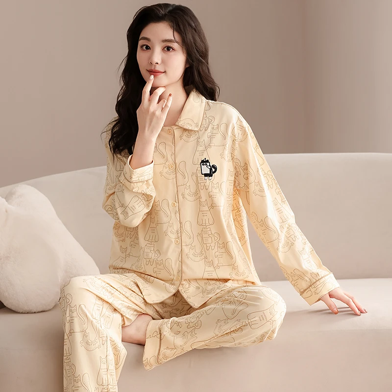 莉莉家睡衣女纯棉布料100%全棉开衫翻领亲肤氛围感小猫家居服套装