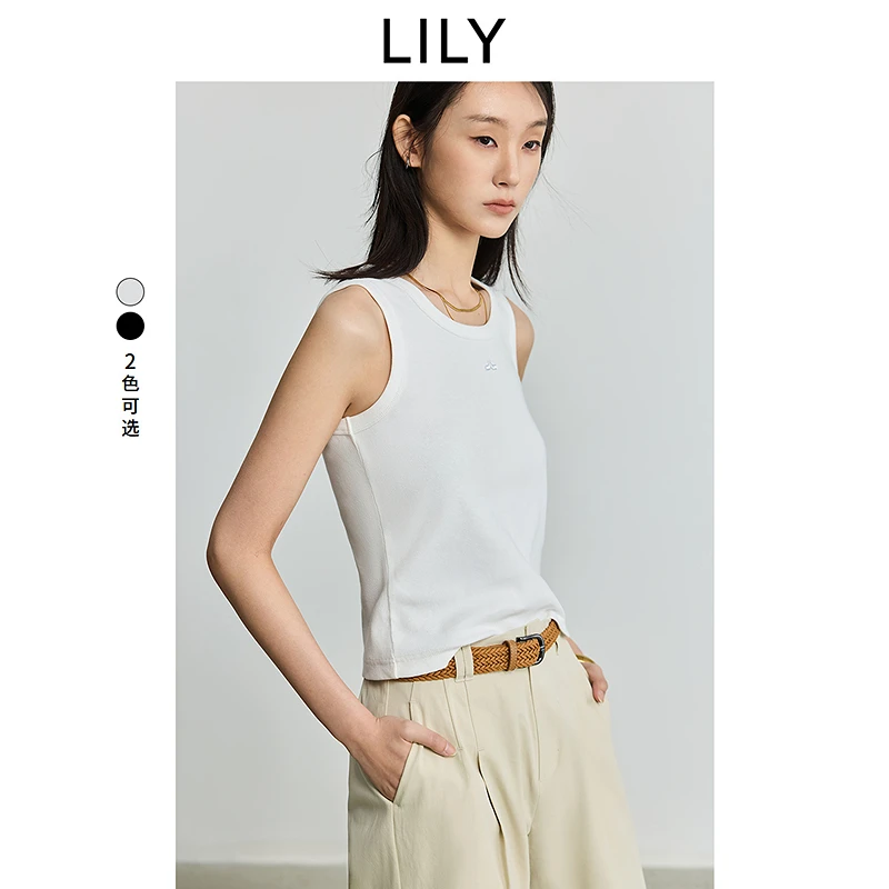 LILY2025夏新款女装经典修身弹力圆领无袖T恤吊带背心125229VT905