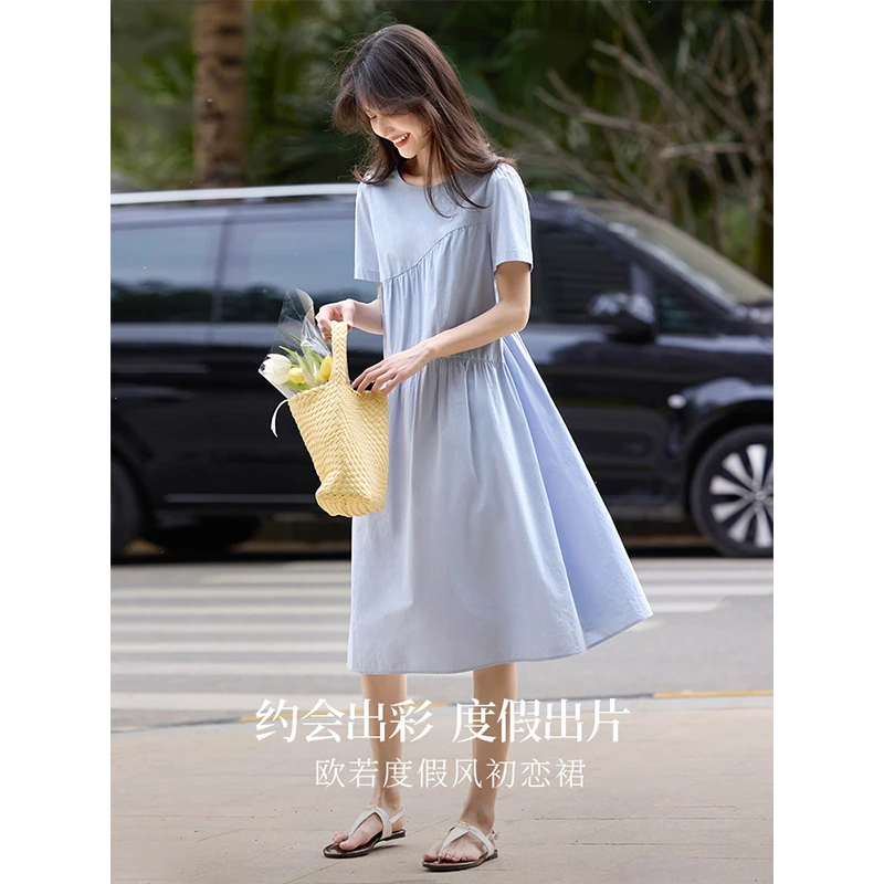 熙世界休闲度假风短袖连衣裙女高级感收腰a字长裙子2025夏季新款