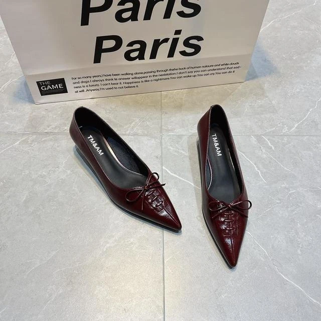 AVADEN2025春秋款尖头高跟鞋女韩版优雅气质蝴蝶结小猫跟黑色职业