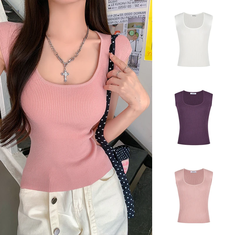 Moses Queen/魔西女王竖坑条纹方领针织衫收腰褶皱小飞袖上衣