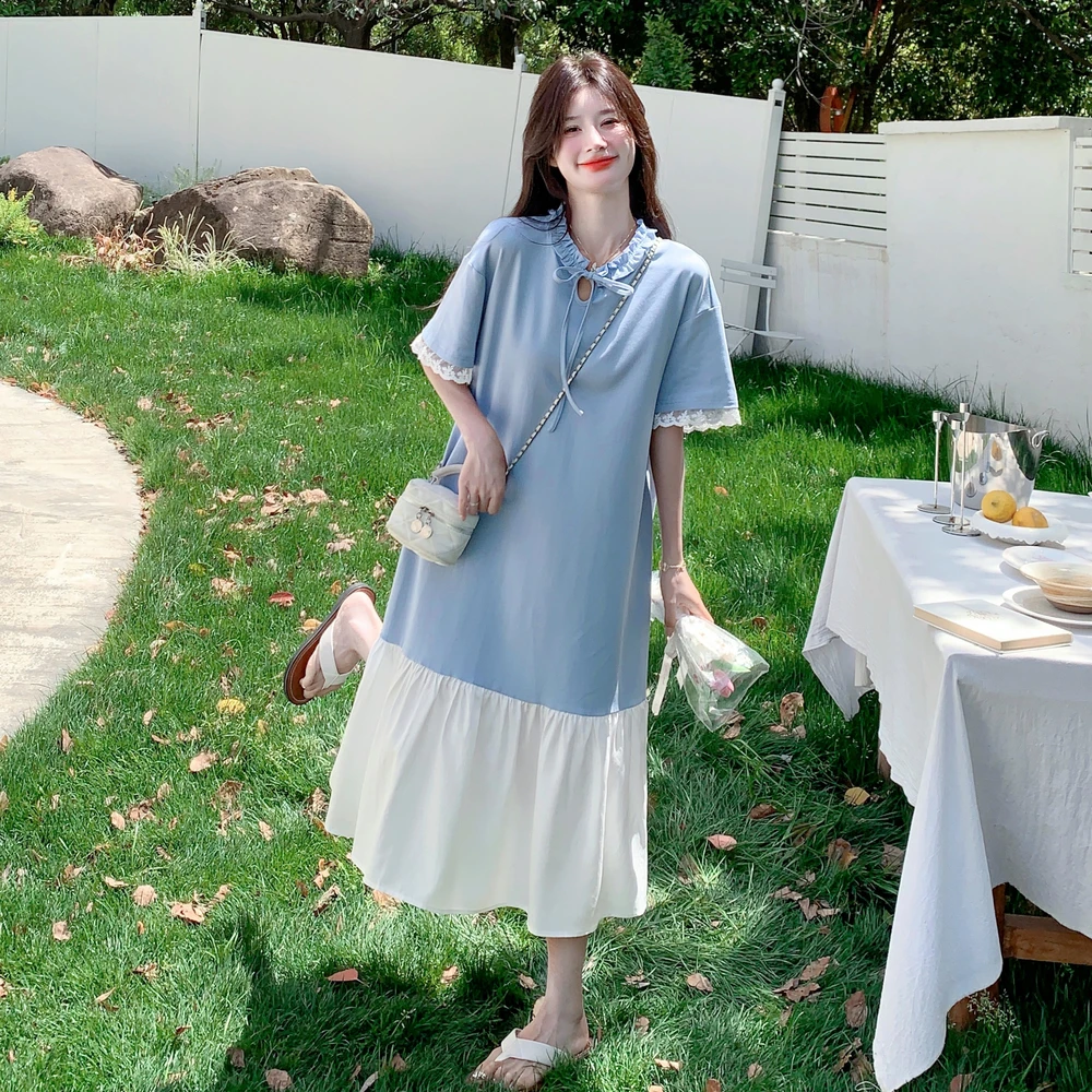新中式浪漫长款拼接花边连衣裙女2025夏季新款撞色百搭休闲桔梗裙