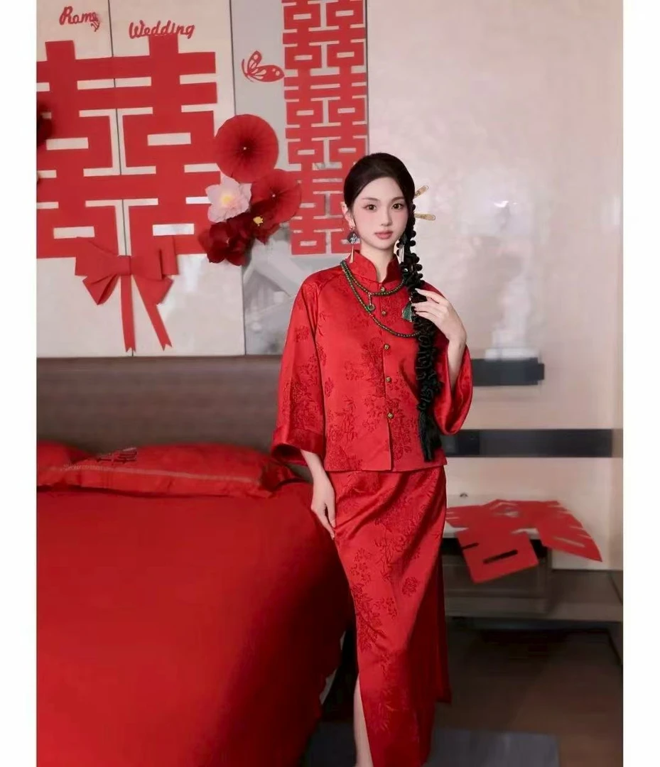 新中式婚服套装新娘敬酒服旗袍春秋新款结婚订婚红色套装