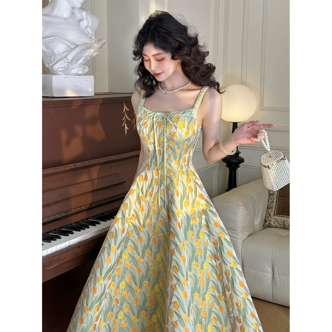 肖夫人【郁金香香】初春法式复古碎花夏海边度假仙女连衣裙-SS201