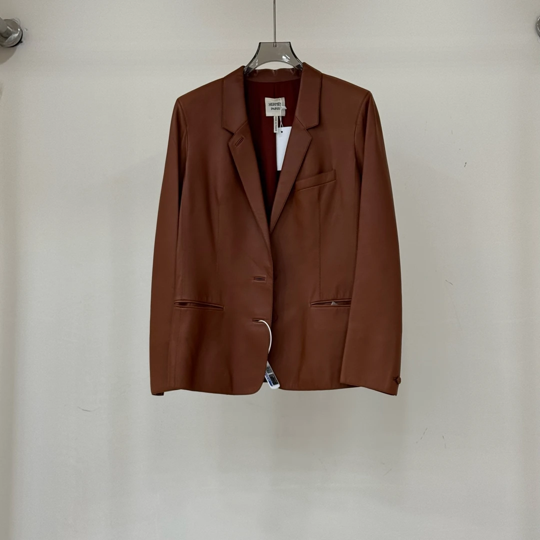 99新 Hermes/爱马仕 枣红色皮衣西装外套 36码 GM005233
