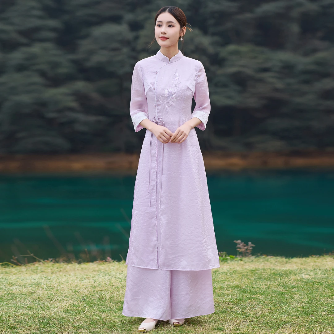 H046新中式汉服女装2025新款套装女夏改良刺绣旗袍国风连衣裙茶服