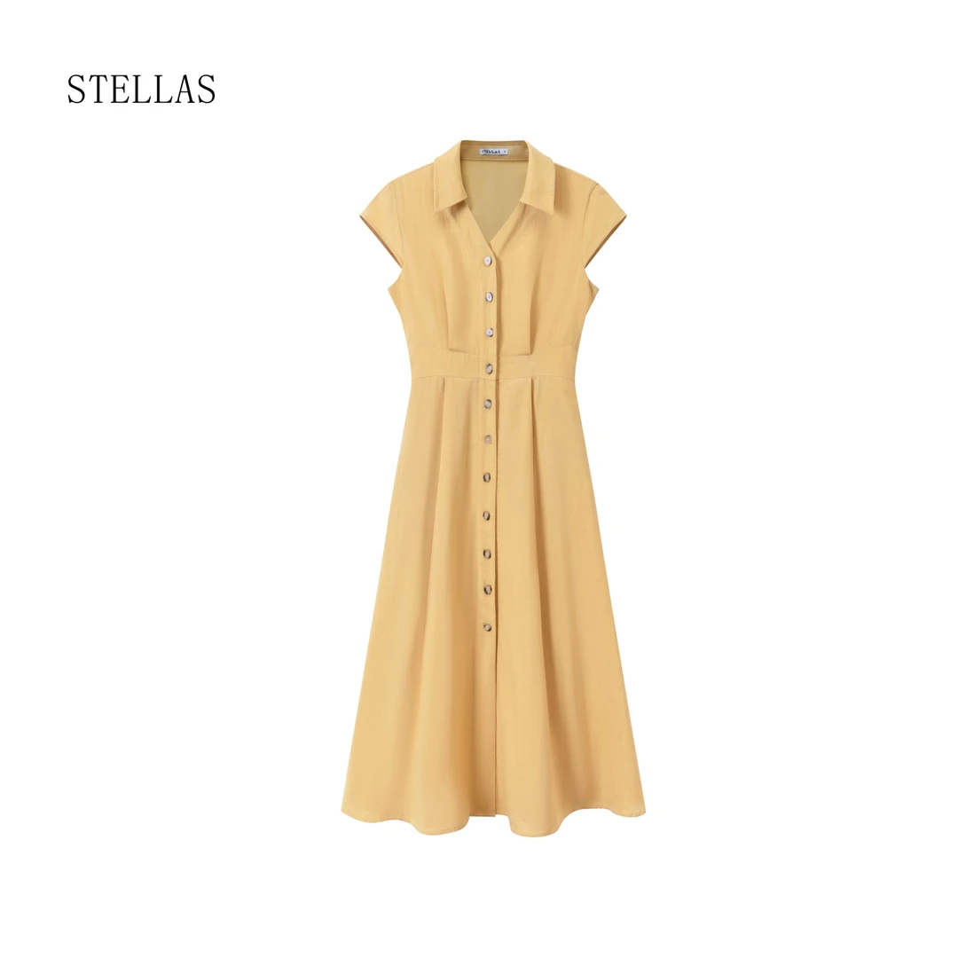 STELLAS 【质感之选】100%苎麻 简约通勤V领小盖袖收腰衣裙