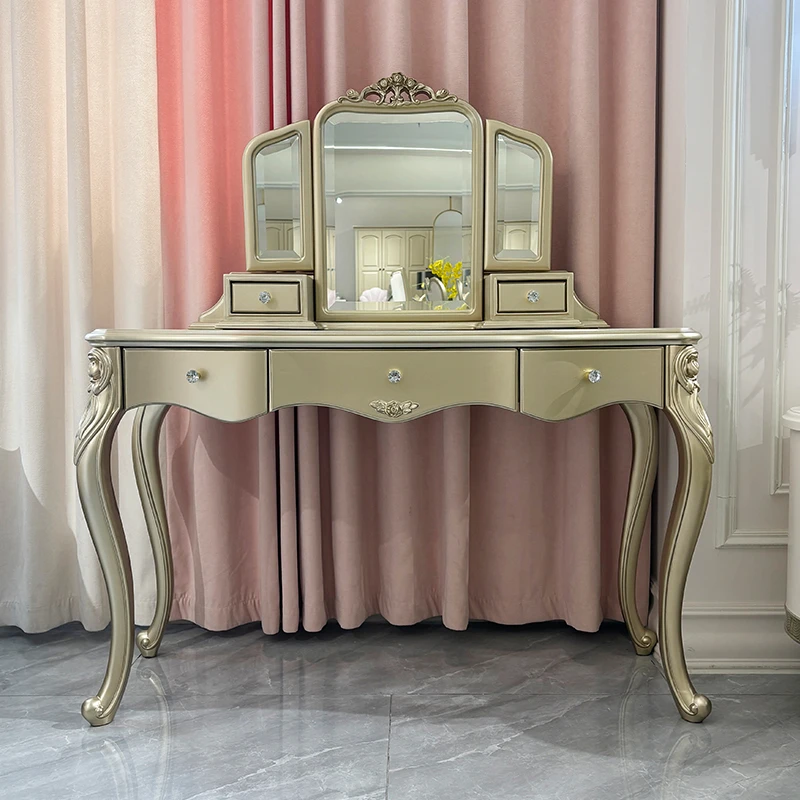 欧式实木梳妆台法式轻奢烤漆化妆桌新古典真皮梳妆凳奢华卧室家具