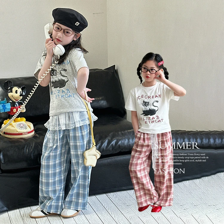 高棉亲肤女童夏季短袖套装2025新款猫咪T恤格子阔腿裤夏装5086