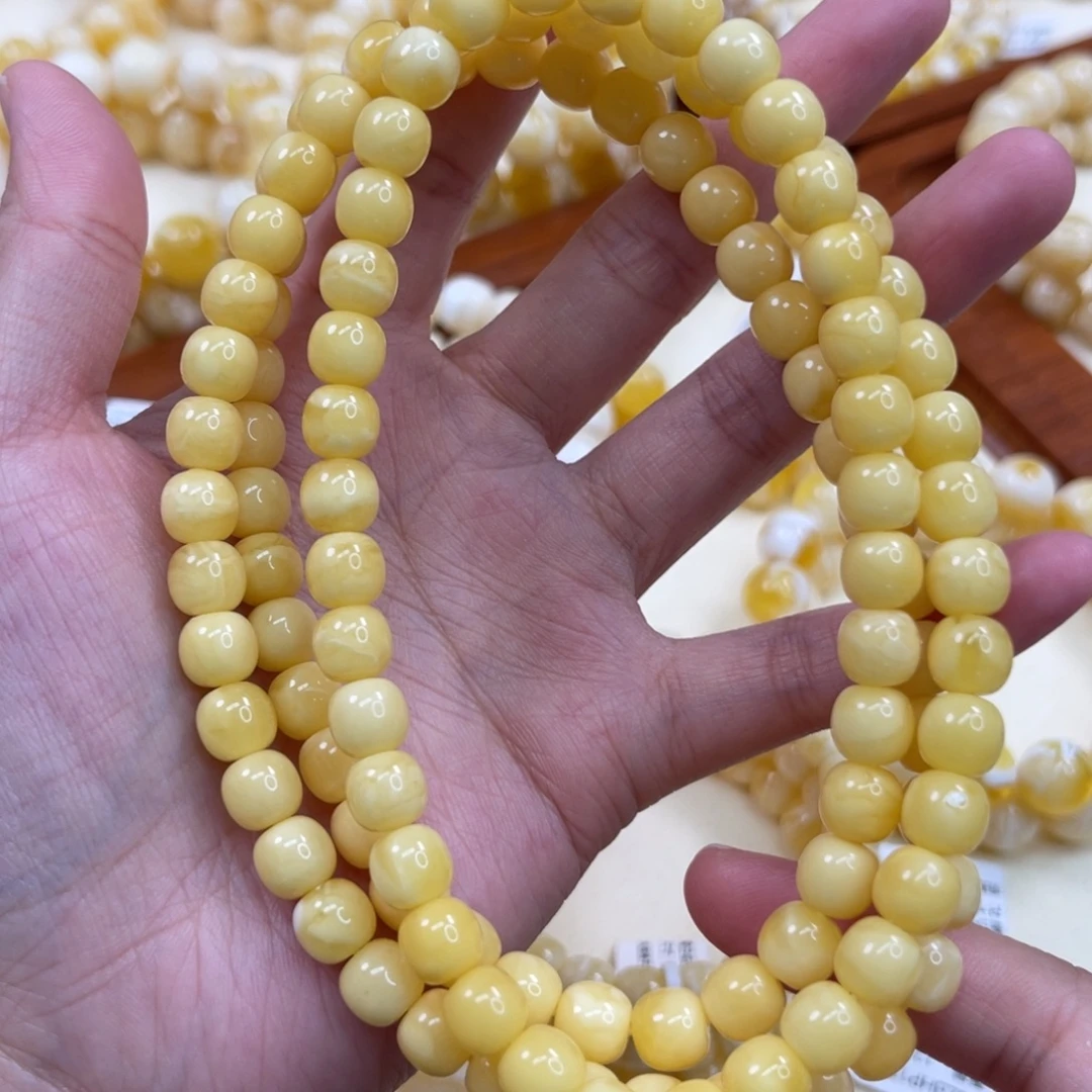 福***)蜜蜡未镶嵌手链8*7.5mm奶橘满蜡108