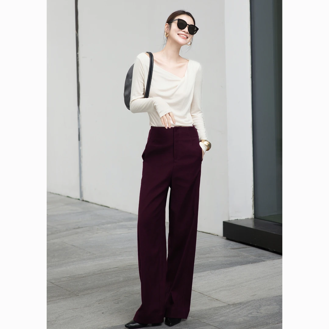ZEROYK复古酒红阔腿休闲裤女2025秋季新款设计感修身显瘦西装裤