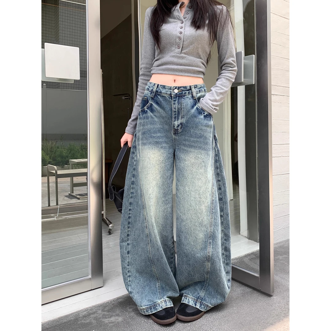 美式复古做旧蓝色弯刀牛仔裤女秋季新款百搭宽松显瘦拖地阔腿长裤