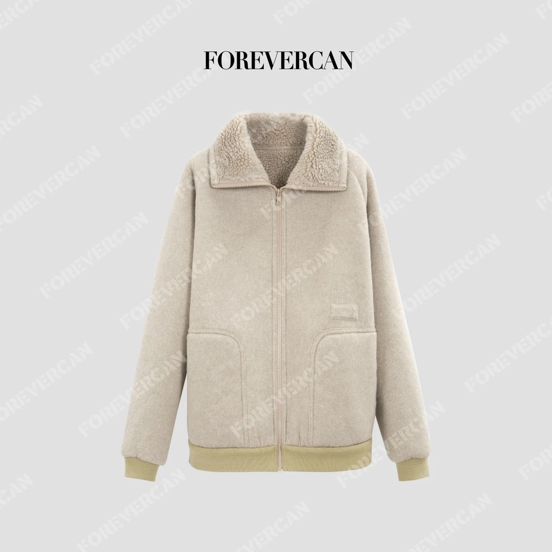 FOREVERCAN“阿尔巴特”撞色羊羔绒翻领羊毛呢外套WC57553