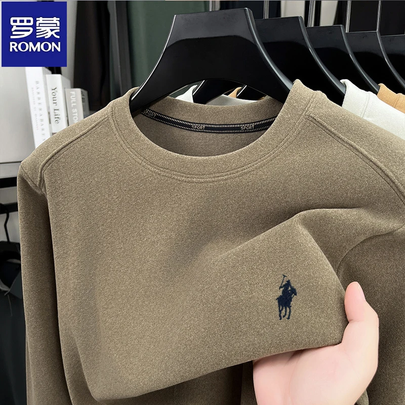 罗蒙秋冬纯色加厚德绒刺绣卫衣男士圆领小马标百搭保暖长袖打底衫