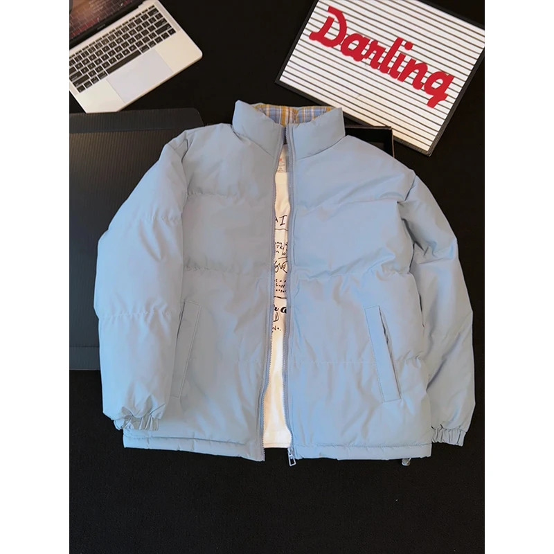 美式复古格子拼接棉服男女冬季不臃肿立领显瘦面包服夹棉加厚棉衣