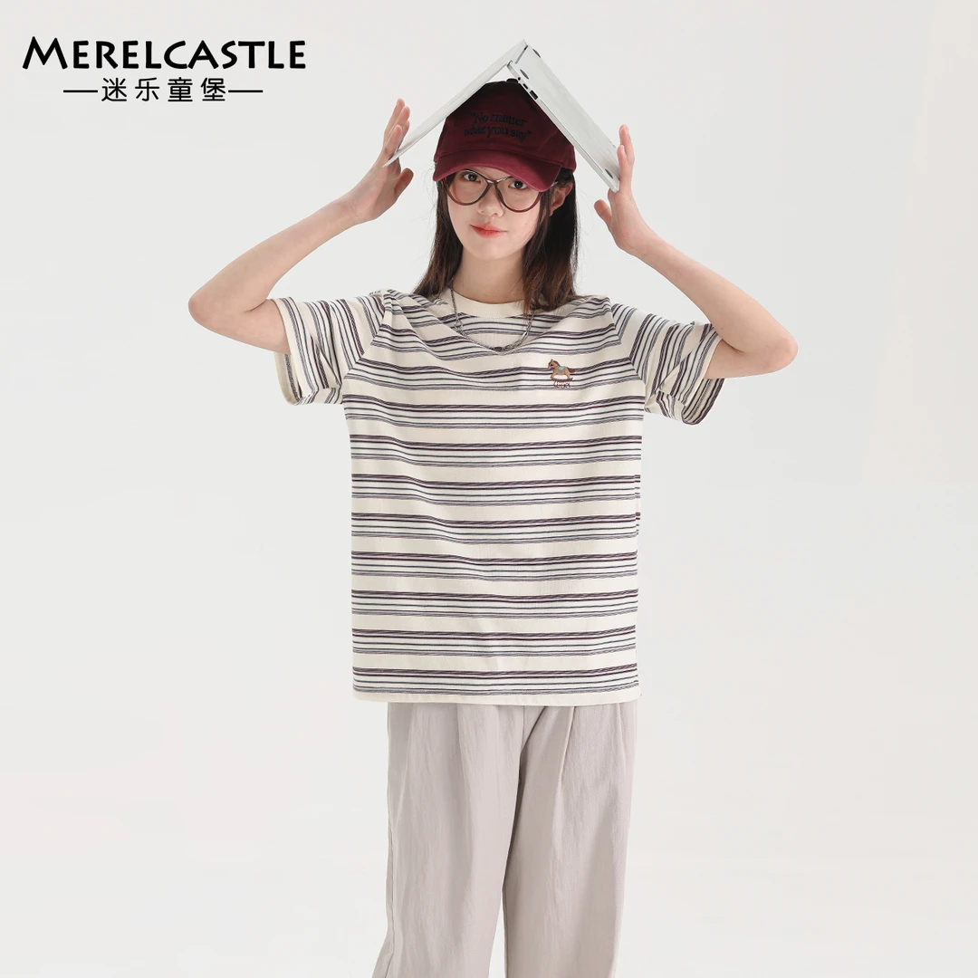 C4746女大童条纹卡通T恤2025夏季新款短袖体恤衫青少年洋气休闲