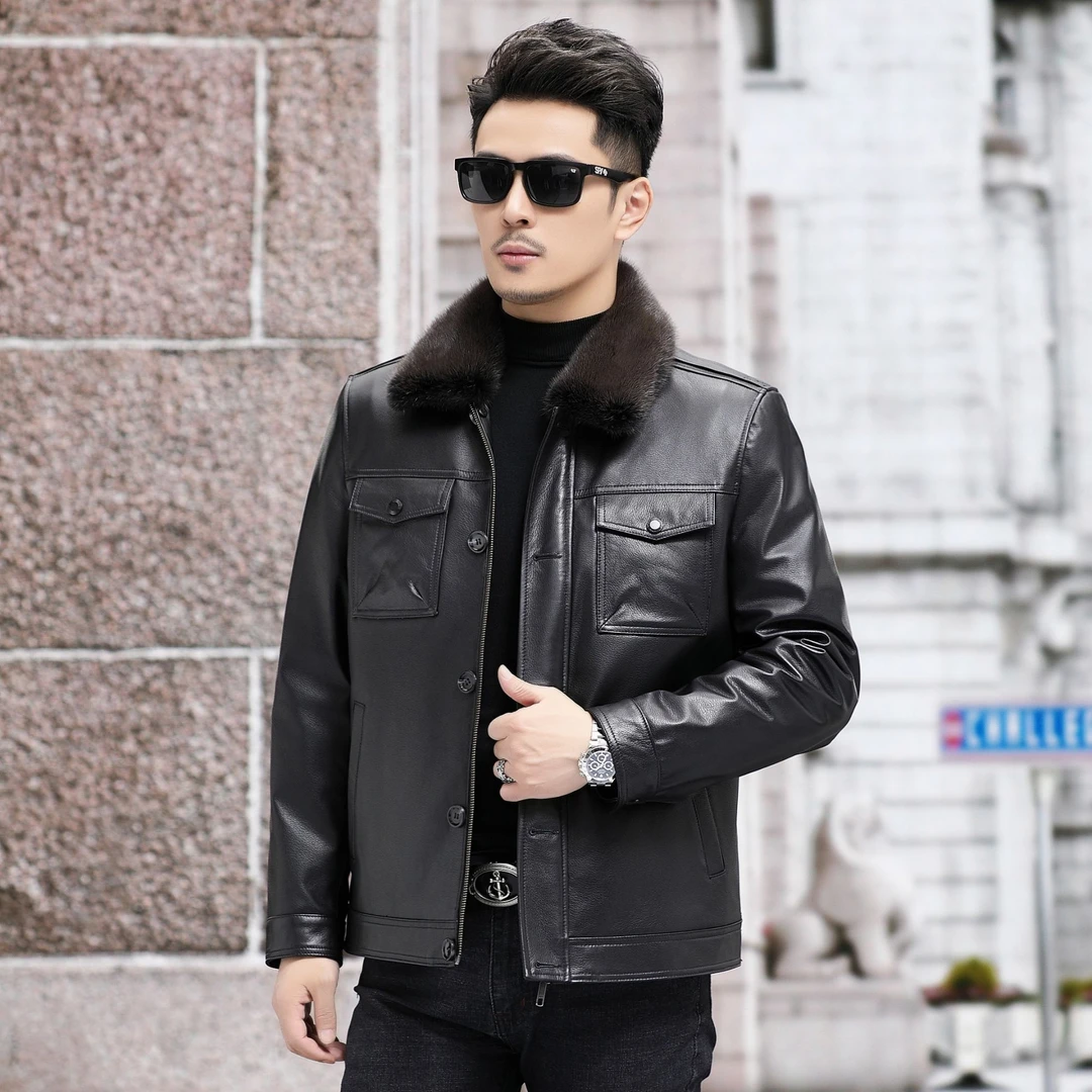 戈彬 DD海宁秋冬季男士时尚真皮羽绒貂绒毛领加绒皮衣#DD-7233-1