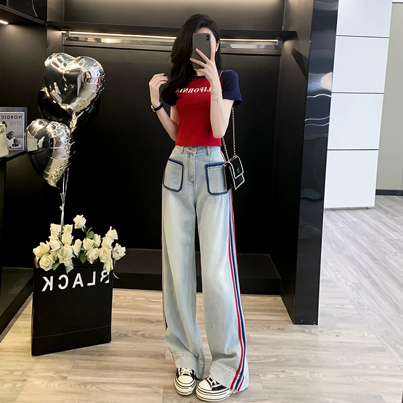 时尚千金风休闲运动套装新款女夏季洋气短款T恤牛仔阔腿裤两件套