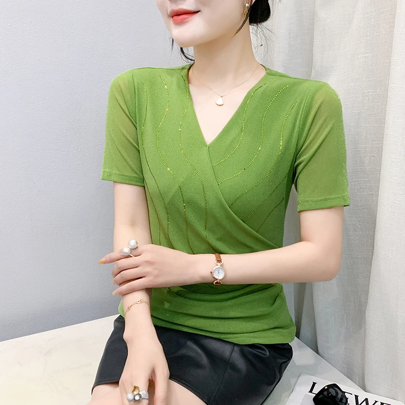 【自由鸟专属】V领烫钻网纱短袖T恤女2025年夏季纯色百搭洋气休闲风