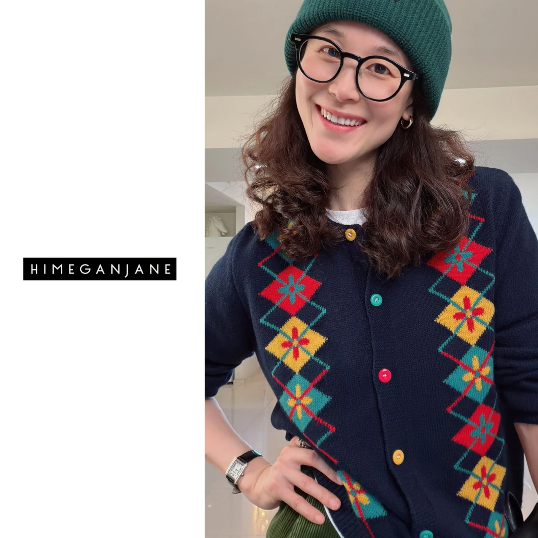 HIMEGANJANE“小彩扣”提花菱格设计感拼色软糯慵懒毛衣开衫6297