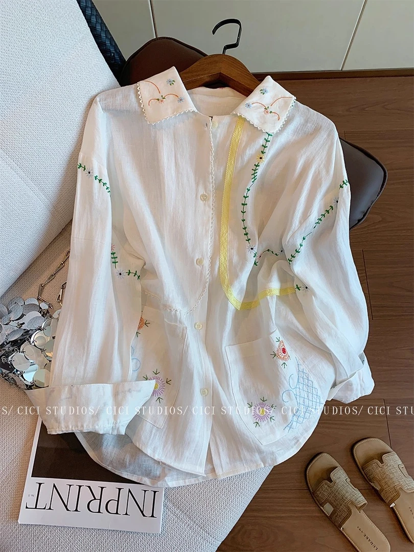 设计感提花翻领白色衬衫女韩系2025早秋新款慵懒风百搭气质衬衣潮