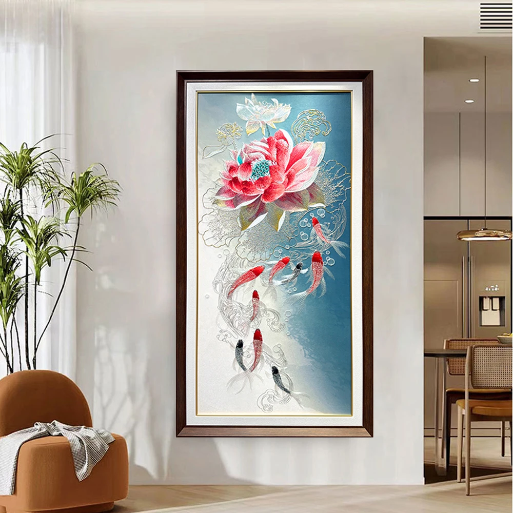 九鱼海棠玄关珠绣非遗精致高端餐厅过道工艺装饰画80160