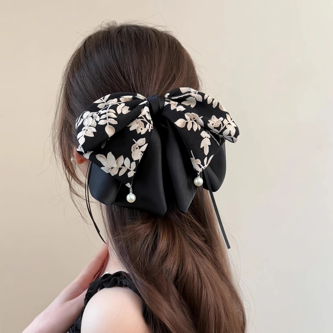 新款水墨黑白印花立体大蝴蝶结抓夹国风复古气质飘带半扎马尾夹女